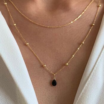 Collier double rang pendentif goutte pierre onyx noire / Collier femme chaine fine acier inoxydable