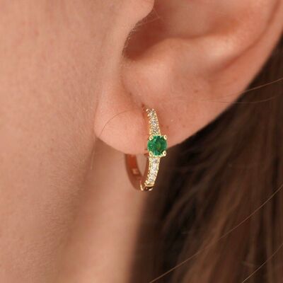 Gold-plated small hoop earrings with emerald green stone and shiny zirconia rings