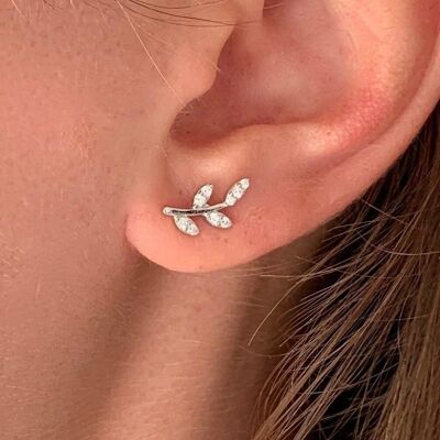 925 silver earring ears of laurel leaf set with brilliant zircons