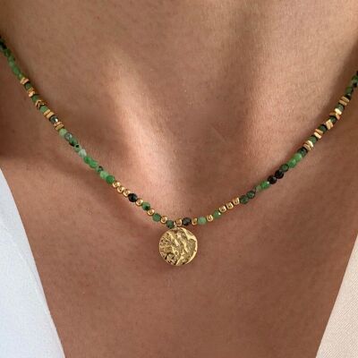 Collier pierre naturelle Tourmaline verte / Collier femme perles pendentif rond acier inoxydable