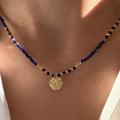 Lapislazuli Naturstein Halskette / Damen Halskette blaue Perlen Edelstahl runder Anhänger