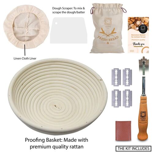 10 Inch Premium Round Banneton sourdough Proofing Basket 100% Natural Rattan Cane with Bread Lame - Perfect gift for Bakers