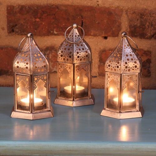 Orientalische Glas-Windlichter Nael Silber 3er Set B-Ware | Silber Teelichthalter in Minaretten Form