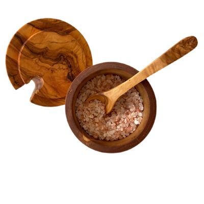 Olive wood Salt cellar with spoon -Kitchen Table Décor - Salt, Spice bowl, jar - Handcrafted in Europe - A perfect gift - Appleyard & Crowe