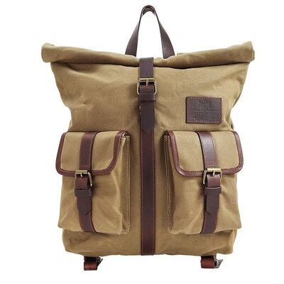 Mochila con parte superior enrollable de lona encerada color camel