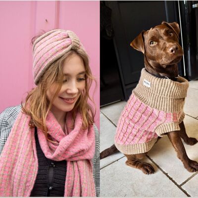 Ensemble-cadeau pull pour chien Paddy rose et bandeau assorti