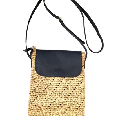 Shoulder bag in natural raffia and genuine leather