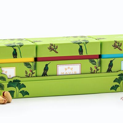 La confezione regalo Pistacchi include 3 scatole di pistacchi/ Ogni scatola 100 gr