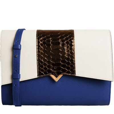 Roma Bag - Blue Leather Base and White Leather Flap and Bronze Boa