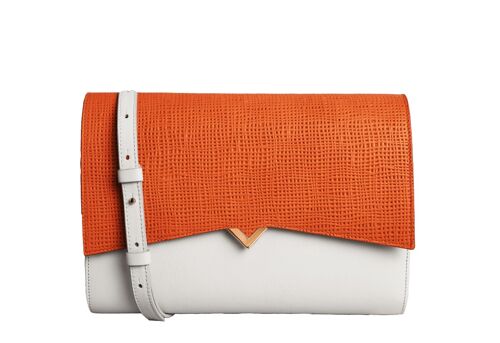 Sac Roma - Base Cuir Caviar Perle et Rabat Rafia Orange