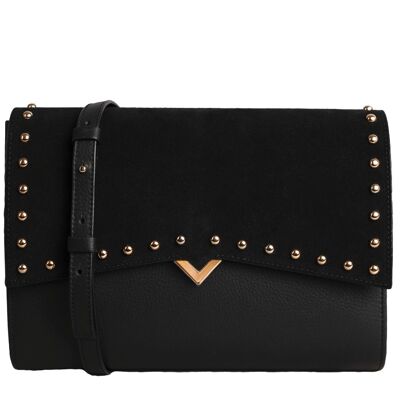 Roma Bag - Black Leather Base and Black Studded Flap