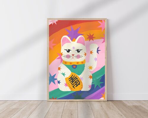 Bright Funky Kids Print, Rainbow Lucky Cat, Kids Art Prints, Good Luck Art Print, Colourful Rainbow Poster, A5, A4, A3 Kids Wall Art,