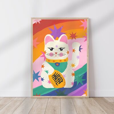 Bright Funky Kids Print, Rainbow Lucky Cat, Impressions d'art pour enfants, Good Luck Art Print, Affiche arc-en-ciel colorée, A5, A4, A3 Kids Wall Art,