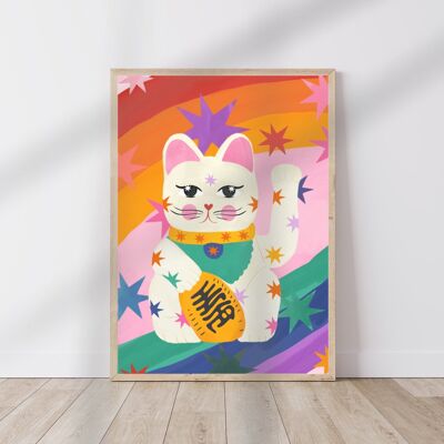 Bright Funky Kids Print, Rainbow Lucky Cat, Stampe d'arte per bambini, Stampa d'arte di buona fortuna, Poster arcobaleno colorato, A5, A4, A3 Kids Wall Art,