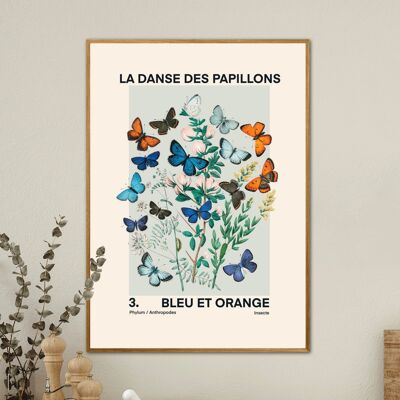 Impresión de arte de mariposa vintage, boceto de arte de mariposa, impresión de arte francés, impresión de mariposas y flores, A5, A4, A3, impresión de arte azul y naranja,