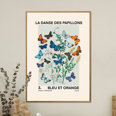 Stampa d'arte farfalla vintage, schizzo d'arte farfalla, stampa d'arte francese, stampa di farfalle e fiori, A5, A4, A3, stampa d'arte blu e arancione,