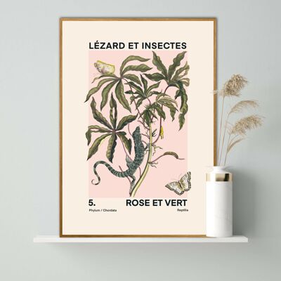 Vintage Botanical Art Print, Floral Art Sketch, French Art Print, Lizard Print, Insect Print, Bedroom, A5, A4, A3, Pink And Green Art Print,