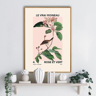 Vintage botanische Kunstdruck, florale Kunstskizze, französischer Kunstdruck, Vögel und Blumen drucken, A5, A4, A3, rosa und grün Kunstdruck,