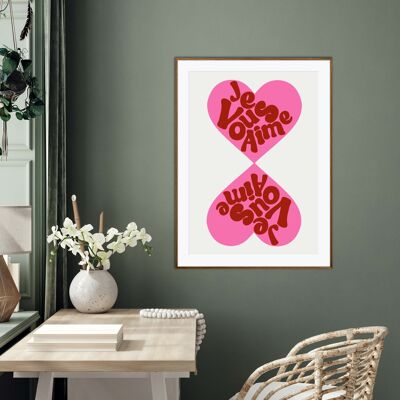 Ti amo in francese, Je Vous Aime, Stampa di San Valentino, Tipografia, Stampa brillante, Stampa citazione, Wall Art, Stampa eccentrica, rosa e rossa,