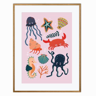Under the Sea, kids cute ocean print, cute bathroom print, colourful bathroom print, Octopus print, hand drawn bathroom print, sea horse,
