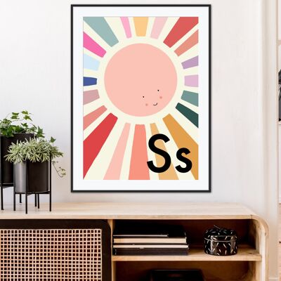 S est pour Sunshine , Sun , Nursery Art , Kids Room , cute Art , Baby Print , Cadeaux pour enfants , Cadeaux de Noël , Enfants