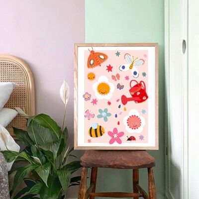 Estampado de niños de jardín, Ilustración de flores, Eco, Arte de vivero, Habitación de niños, Arte, Estampado, Regalos para ella, niños, Arco iris, Color Pop, Brillante