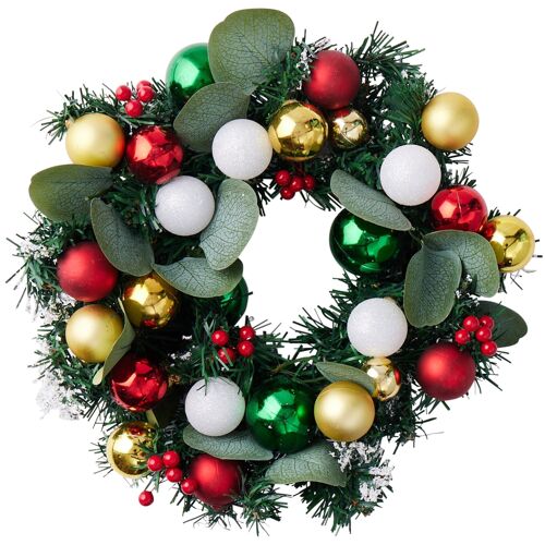 Christmas Door Wreath with Festive Colours Red Gold Baubles and Holly Berries Ornaments