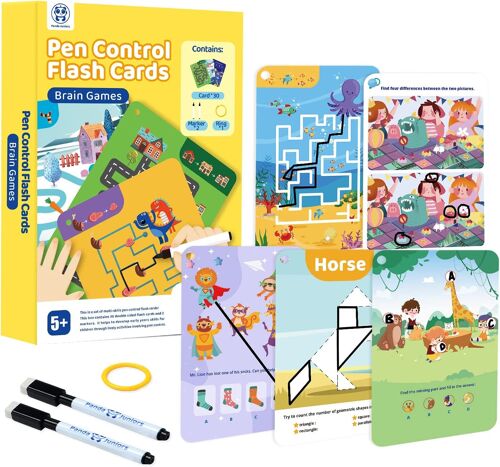 Pen Control Brain Games Toys Different Brain Teaser Plays Write and Wipe Tracing Practice Flash Cards for Kids 5 and up (30 Picture Flashcards with Ring and 2 Markers)