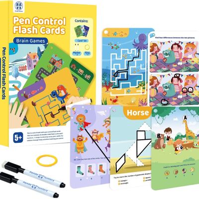 Pen Control Brain Games Toys Diferentes Brain Teaser Plays Write and Wipe Tracing Practice Flash Cards para niños de 5 años en adelante (30 Picture Flashcards con anillo y 2 marcadores)