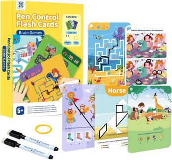 Pen Control Brain Games Toys Different Brain Teaser Plays Write and Wipe Tracing Practice Flash Cards for Kids 5 and up (30 Picture Flashcards with Ring and 2 Markers) 1