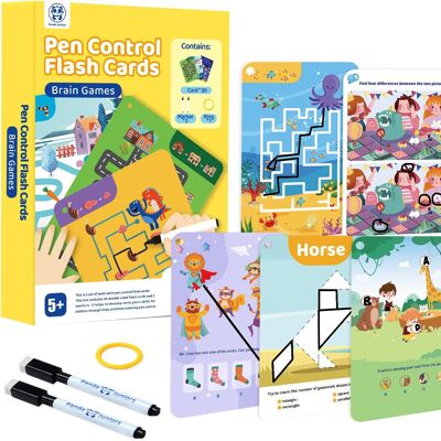 Pen Control Brain Games Toys Diferentes Brain Teaser Plays Write and Wipe Tracing Practice Flash Cards para niños de 5 años en adelante (30 Picture Flashcards con anillo y 2 marcadores)