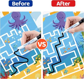 Pen Control Brain Games Toys Different Brain Teaser Plays Write and Wipe Tracing Practice Flash Cards for Kids 5 and up (30 Picture Flashcards with Ring and 2 Markers) 5