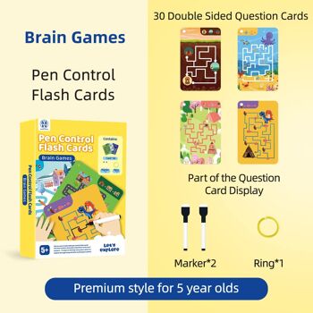 Pen Control Brain Games Toys Different Brain Teaser Plays Write and Wipe Tracing Practice Flash Cards for Kids 5 and up (30 Picture Flashcards with Ring and 2 Markers) 6