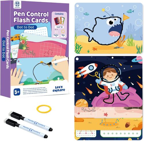Pen Control Dry Erase Dot to Dot Flash Cards for Boys & Girls Connect The Dots Write and Wipe Tracing Practice Draw Card for Kids (30 Picture Flashcards with Ring and 2 Markers)