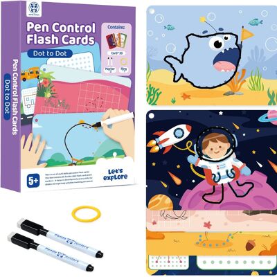 Pen Control effaçable à sec Dot to Dot Flash Cards pour garçons et filles Connect The Dots Write and Wipe Tracing Practice Draw Card for Kids (30 Picture Flashcards with Ring and 2 Markers)