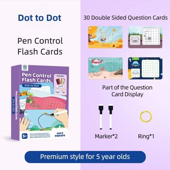 Pen Control effaçable à sec Dot to Dot Flash Cards pour garçons et filles Connect The Dots Write and Wipe Tracing Practice Draw Card for Kids (30 Picture Flashcards with Ring and 2 Markers) 2