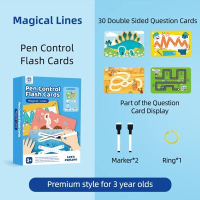 Panda Juniors Pen Control Dry Erase Flash Cards for Kids Ages 3-5 Write and Wipe Tracing Practice Card for Kindergarten (30 Picture Flashcards with Ring and 2 Markers) (Magical Lines)