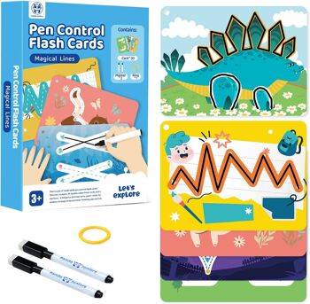 Panda Juniors Pen Control Cartes flash effaçables à sec pour enfants de 3 à 5 ans Carte d'entraînement pour écrire et essuyer pour la maternelle (30 cartes flash avec anneau et 2 marqueurs) (Lignes magiques) 6