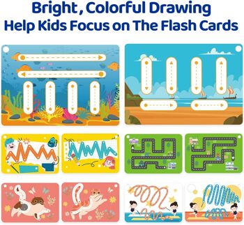 Panda Juniors Pen Control Cartes flash effaçables à sec pour enfants de 3 à 5 ans Carte d'entraînement pour écrire et essuyer pour la maternelle (30 cartes flash avec anneau et 2 marqueurs) (Lignes magiques) 7