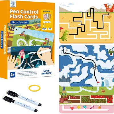 Panda Juniors Pen Control Maze Game Brain Teaser Toys Write and Wipe Tracing Practice Flash Cards for Kids 4 and up (30 Picture Flashcards with Ring and 2 Markers)