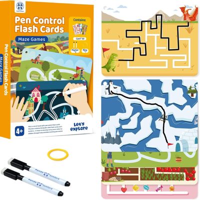 Panda Juniors Pen Control Maze Game Brain Teaser Toys Write and Wipe Tracing Practice Flash Cards para niños de 4 años en adelante (30 Picture Flashcards con anillo y 2 marcadores)