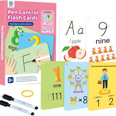 Panda Juniors Pen Control Dry Erase Numbers & Alphabet Flash Cards for Kids Ages 3-5 Write and Wipe ABC Letter Tracing Practice Card for Kindergarten (30 Picture Flashcards with Ring and 2 Markers)