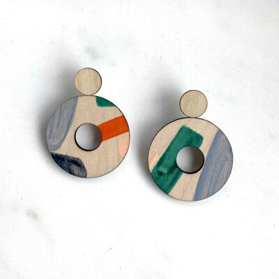 Tsenher Earrings Abstract by Studio Mali - Statement Ethical Jewellery - Paint Brush Stroke Arty - Wooden Hoop - Laser Cut