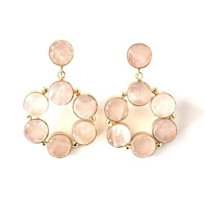 Pendientes aro grandes, mujer. Cuarzo Rosa, tendencia. Dorado. Primavera. Hecho a mano. Bodas, invitadas.