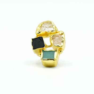 Grandi anelli d'oro realizzati con pietre naturali. Regolabile, gioielli, regalo. D'oro. Matrimoni, ospiti. Primavera. Fatto a mano.