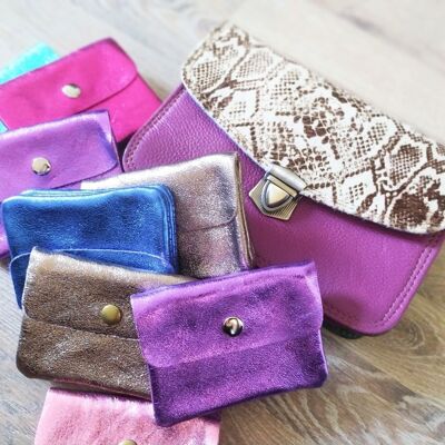 Small leather purse with zipper, coin, plain leather or iridescent leather. LOLI