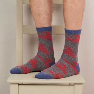 Men's Lambswool Ankle Socks lobster- grey/red