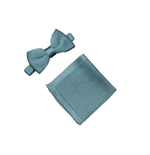 Air force blue knitted bow tie and pocket square set