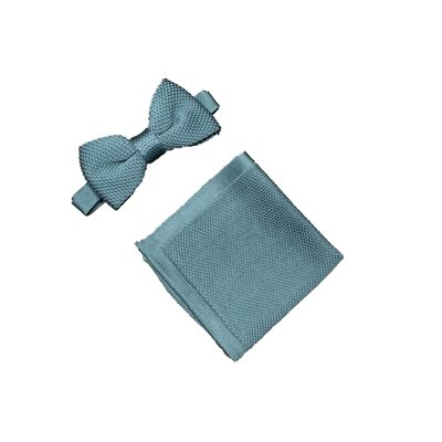 Air force blue knitted bow tie and pocket square set