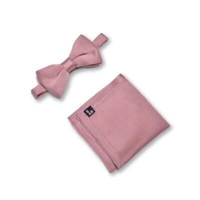 Conjunto de pajarita y pañuelo de bolsillo de punto rosa antiguo
